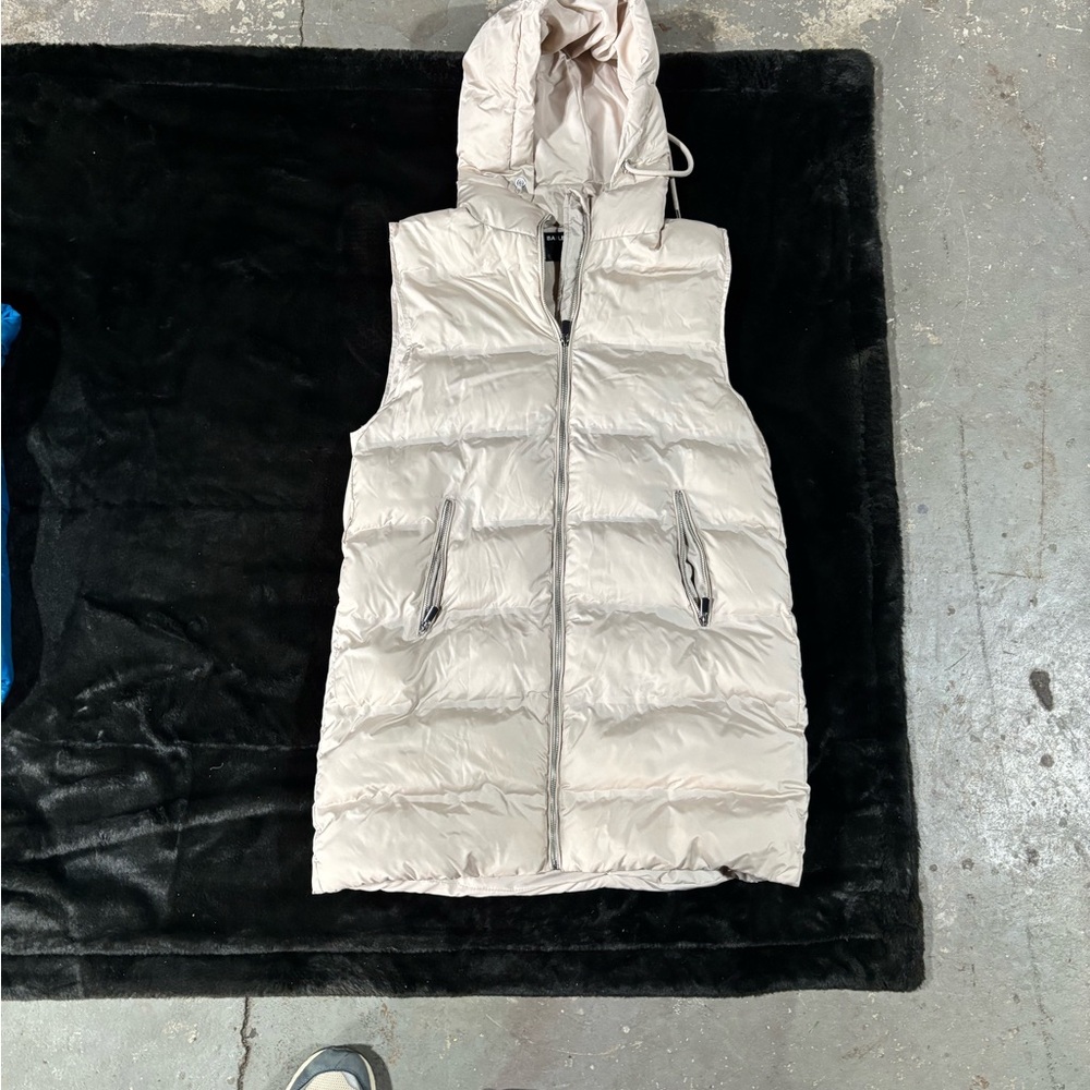Hooded Long Puffer Vest - Light Beige